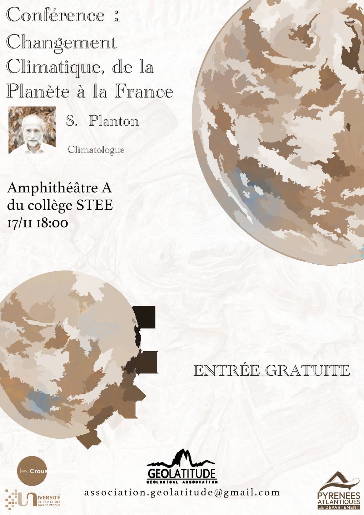 Affiche Confrence de Serge Planton sur le changement climatique le jeudi 17 novembre